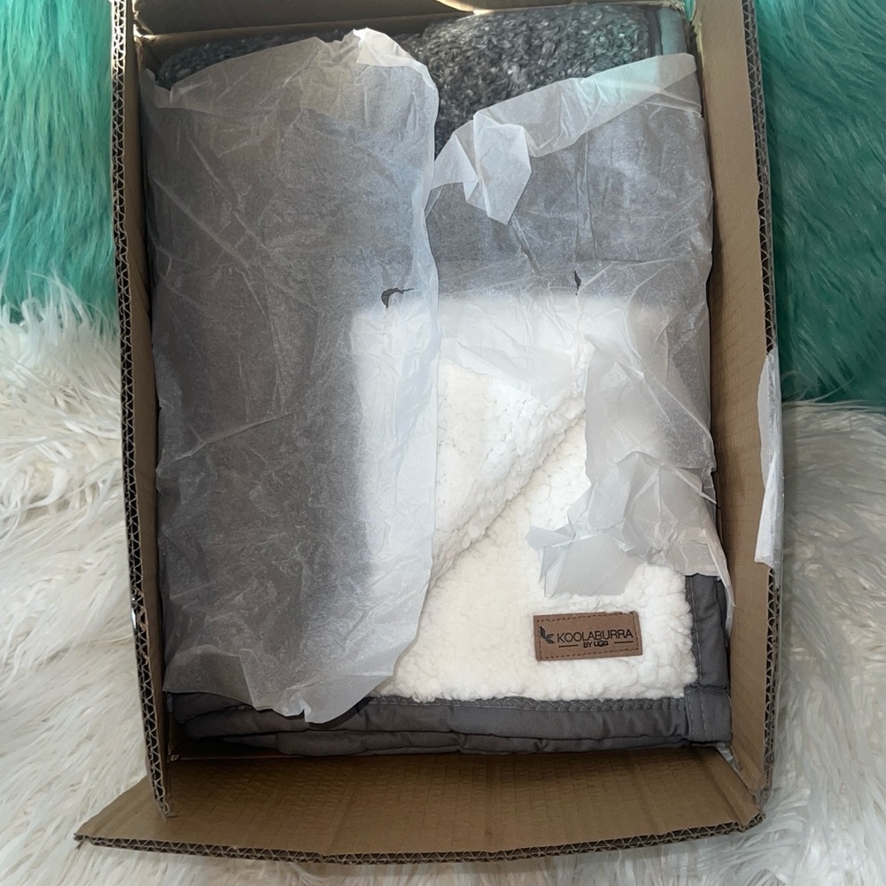 New in box Sherpa Throw Blanket Kollaburra by UGG 50 x 70-Grey/White